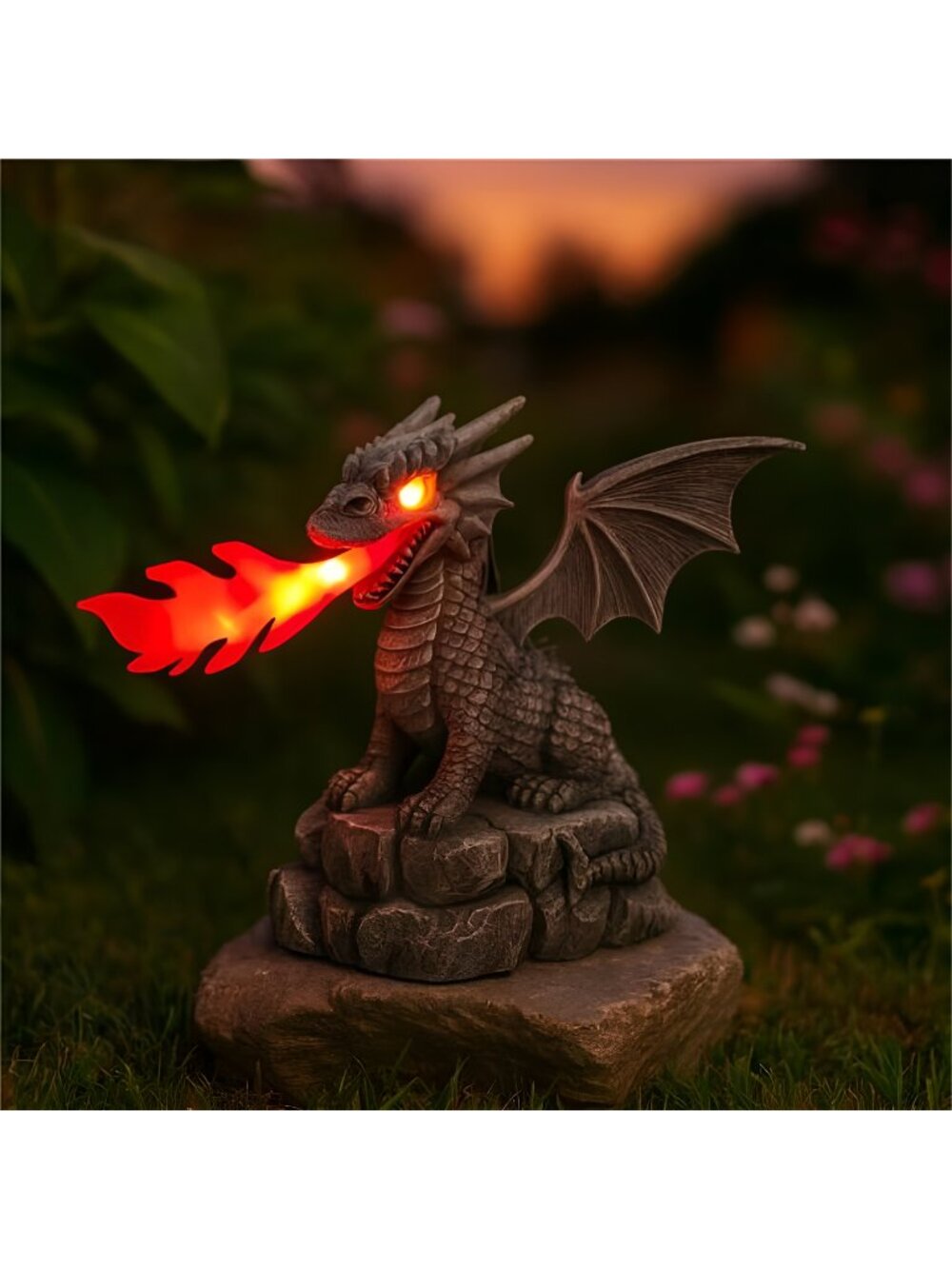 Solar Flame Outdoor Decor Light, 6.7 Inch Resin Dragon Statue, Garden Lawn